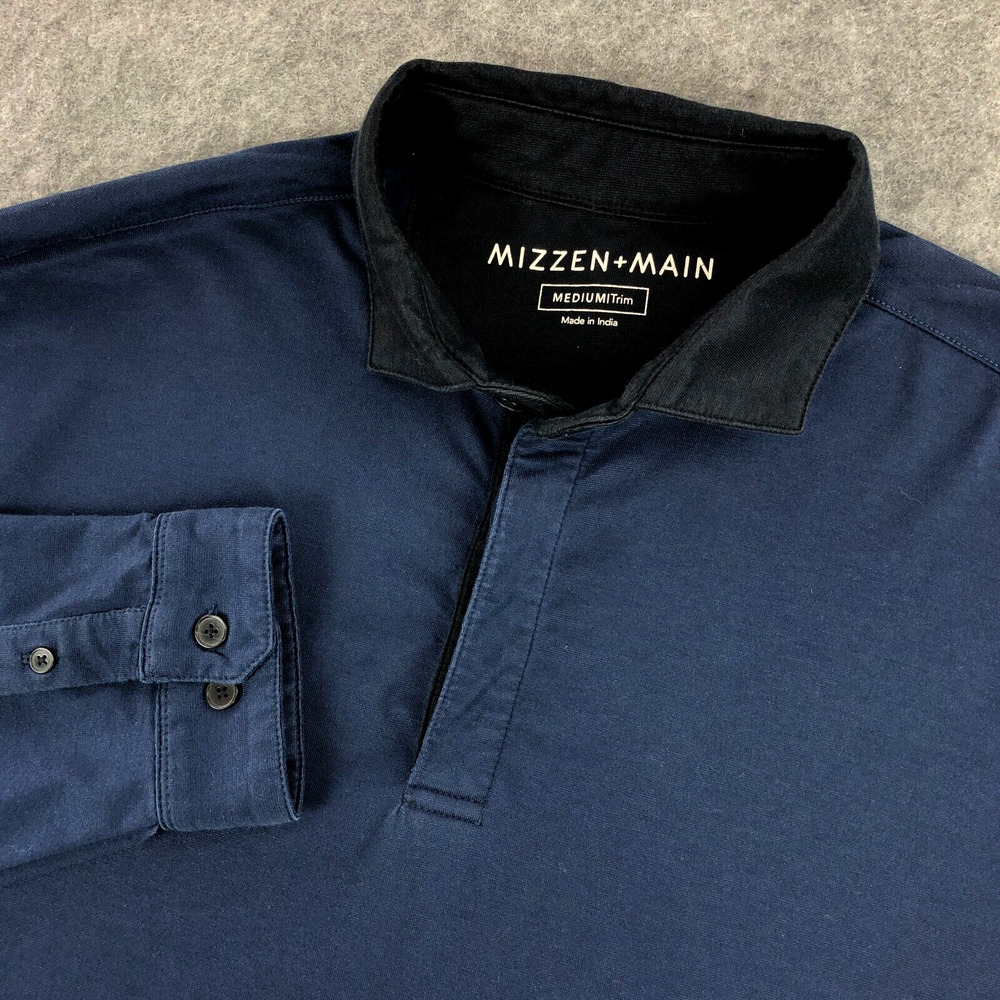 Mizzen+Main Polo Mens Medium Trim Navy Blue Long Sleeve Pullover Shirt Stretch‎